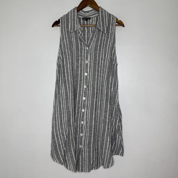 Boho Chic Shirt Dress Large Linen Sleeveless Button Up Striped Pockets Summer - Picture 1 of 8